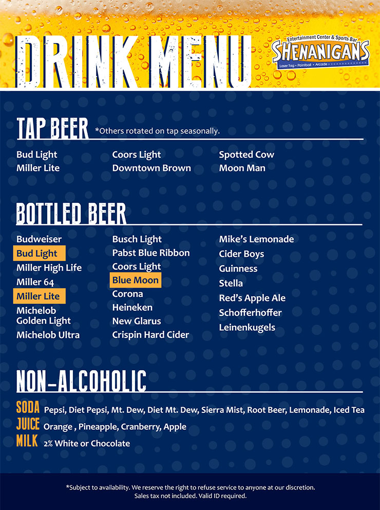 Drink Menu with Beers, Bottle Beers, Cocktails and Shots at Shenanigans