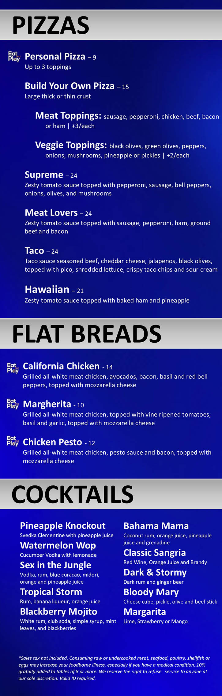 Food Menu with pizzas, flat breads,