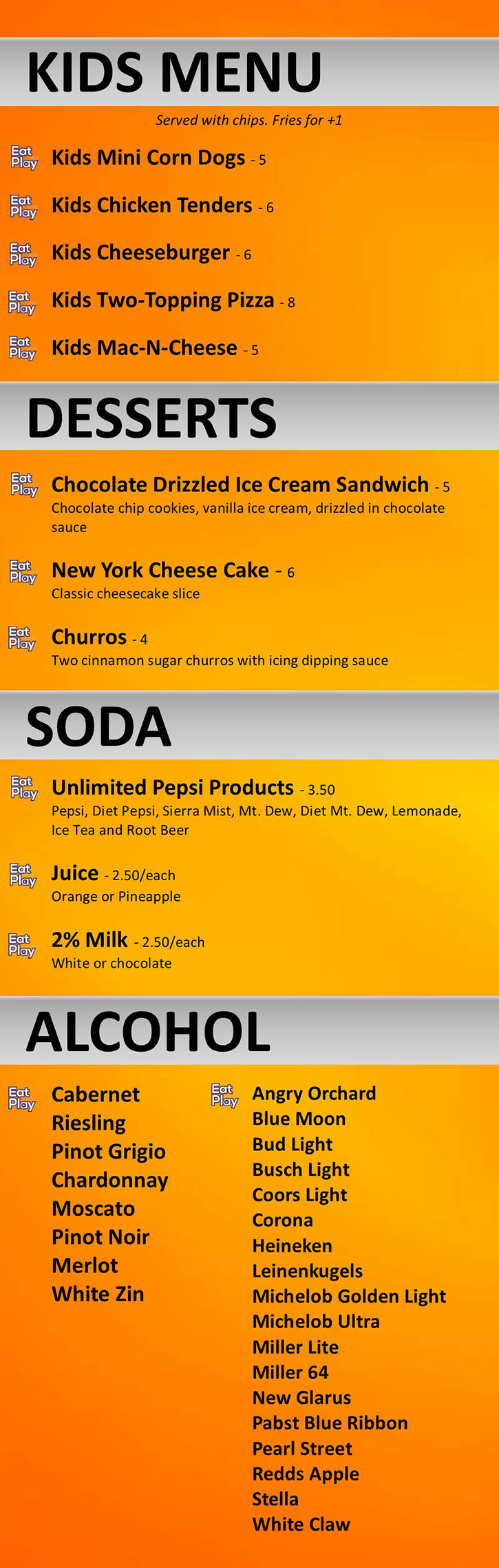 Food menu with kids menu desserts and drinks